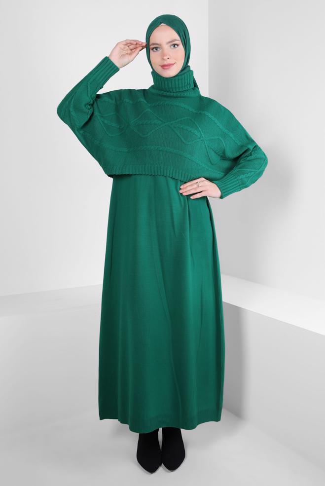 Hijab clothing GREEN TURTLENECK PATTERNED KNITWEAR 2-PIECE DRESS 43204 - ALVİNA