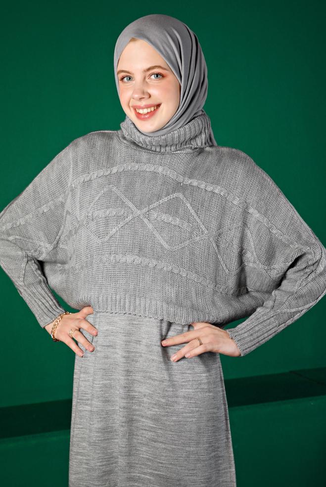 Hijab clothing GREY TURTLENECK PATTERNED KNITWEAR 2-PIECE DRESS 43204 - ALVİNA