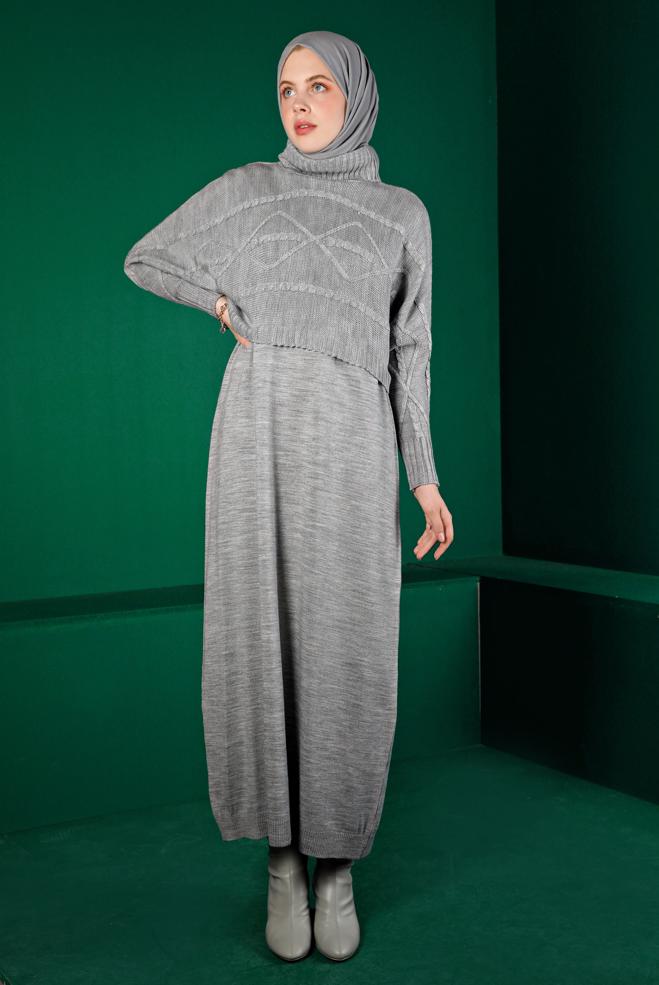 Hijab clothing GREY TURTLENECK PATTERNED KNITWEAR 2-PIECE DRESS 43204 - ALVİNA