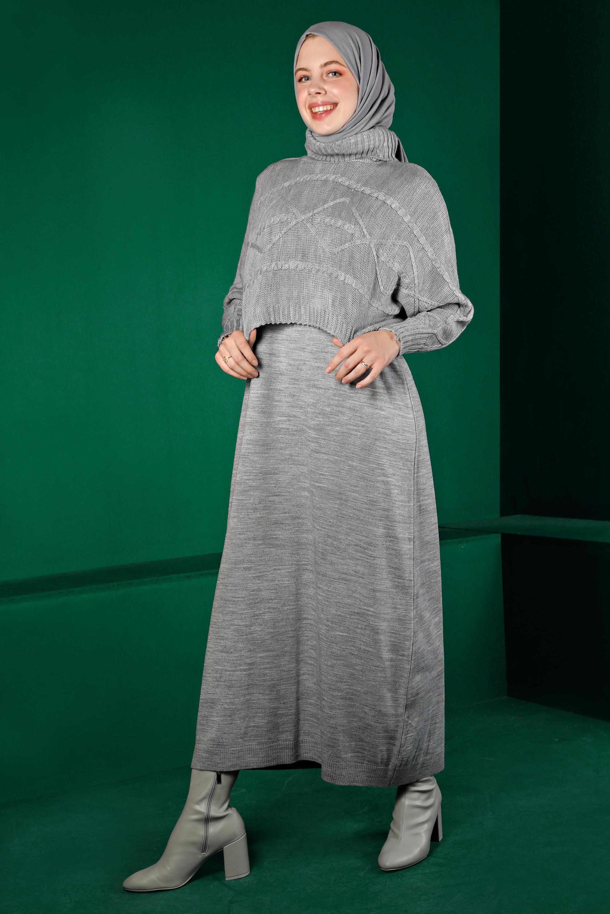 Hijab clothing GREY TURTLENECK PATTERNED KNITWEAR 2-PIECE DRESS 43204