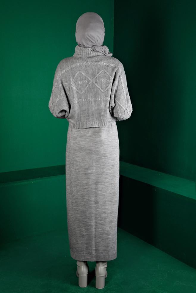 Hijab clothing GREY TURTLENECK PATTERNED KNITWEAR 2-PIECE DRESS 43204 - ALVİNA