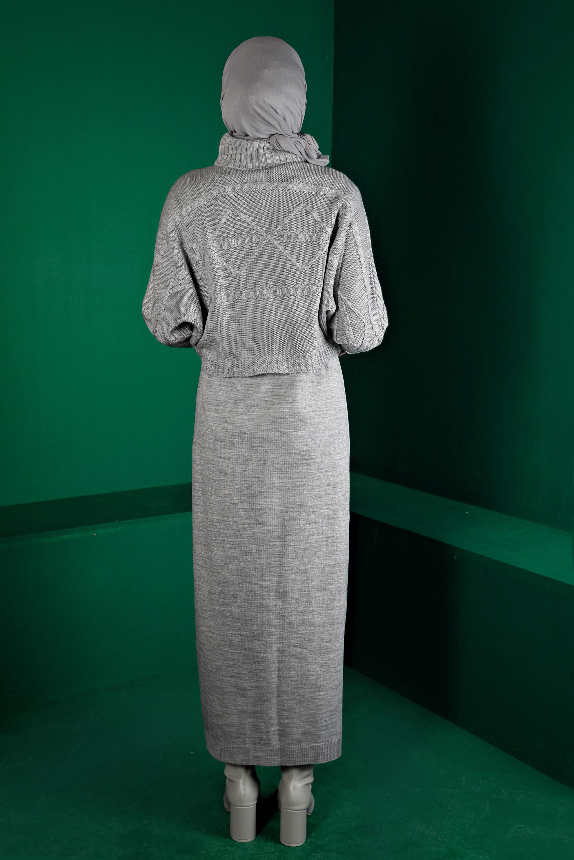 Hijab clothing GREY TURTLENECK PATTERNED KNITWEAR 2-PIECE DRESS 43204