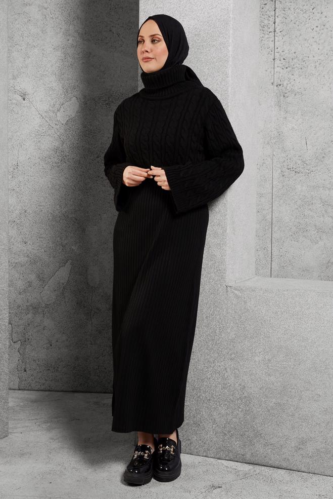Hijab clothing BLACK CABLE KNIT DETAIL KNITWEAR 2-PIECE DRESS 43205 - ALVİNA