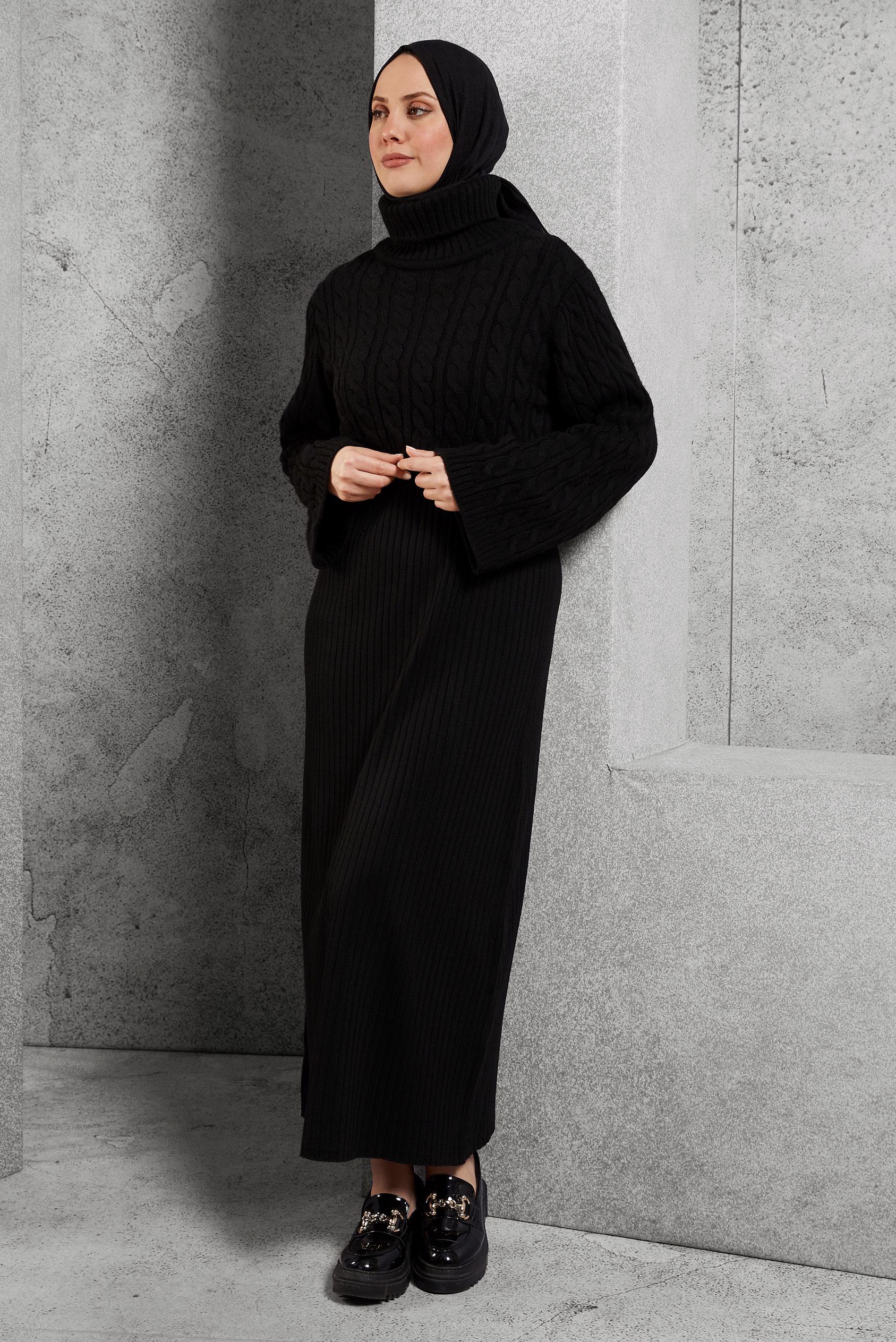 Vêtements hijab NOIR ROBE 2 PIÈCES EN MAILLE À DÉTAILS TORSADÉS 43205
