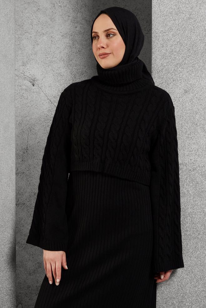 Hijab clothing BLACK CABLE KNIT DETAIL KNITWEAR 2-PIECE DRESS 43205 - ALVİNA
