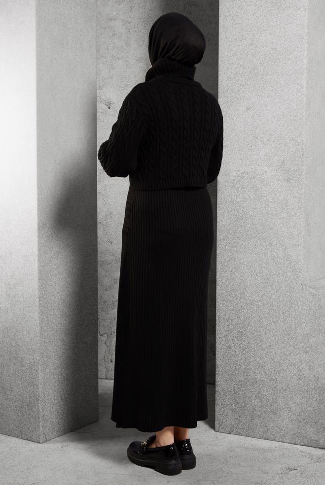 Hijab clothing BLACK CABLE KNIT DETAIL KNITWEAR 2-PIECE DRESS 43205 - ALVİNA