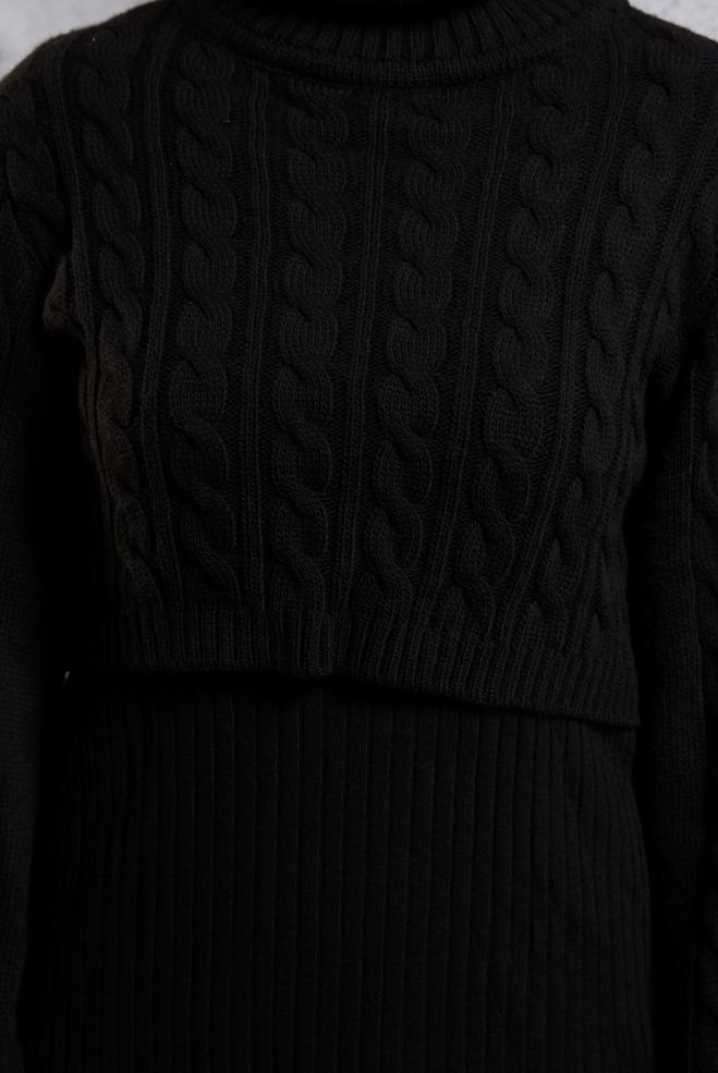 Hijab clothing BLACK CABLE KNIT DETAIL KNITWEAR 2-PIECE DRESS 43205 - ALVİNA