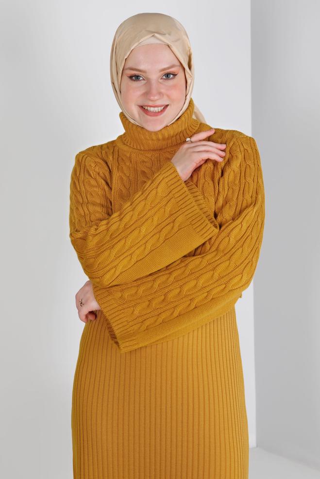 Hijab clothing YELLOW CABLE KNIT DETAIL KNITWEAR 2-PIECE DRESS 43205 - ALVİNA