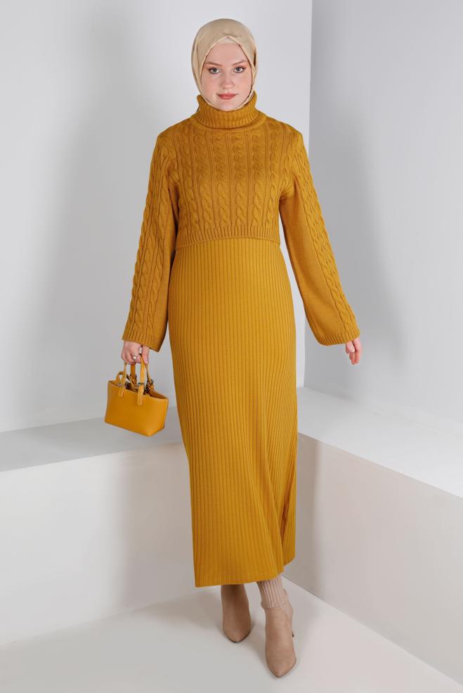 Hijab clothing YELLOW CABLE KNIT DETAIL KNITWEAR 2-PIECE DRESS 43205 - ALVİNA