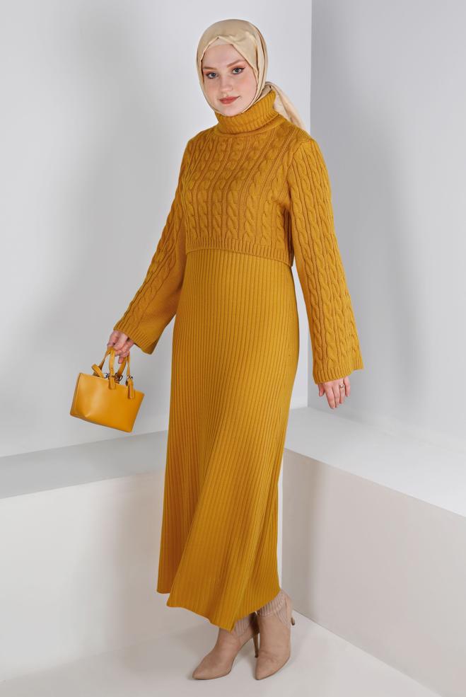 Hijab clothing YELLOW CABLE KNIT DETAIL KNITWEAR 2-PIECE DRESS 43205 - ALVİNA