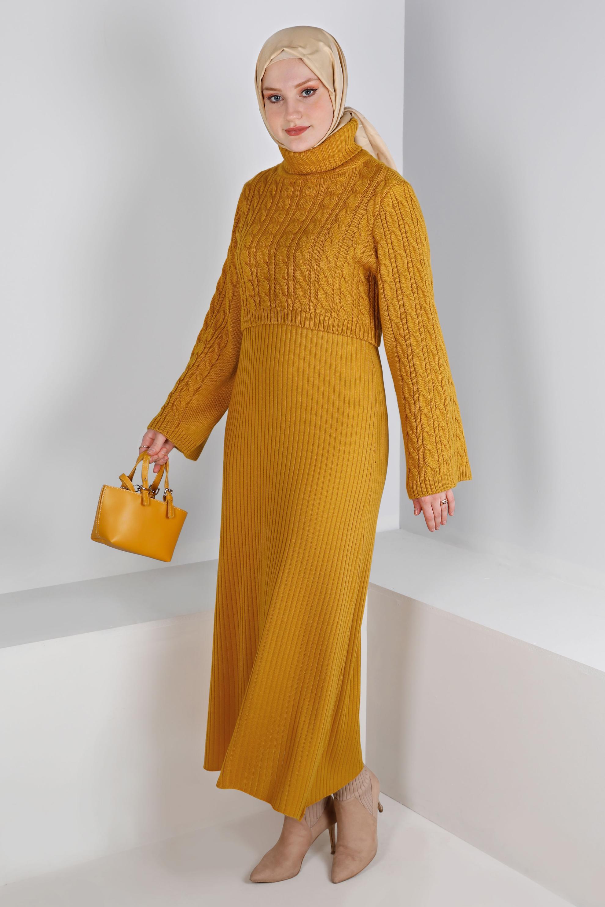 Hijab clothing YELLOW CABLE KNIT DETAIL KNITWEAR 2-PIECE DRESS 43205