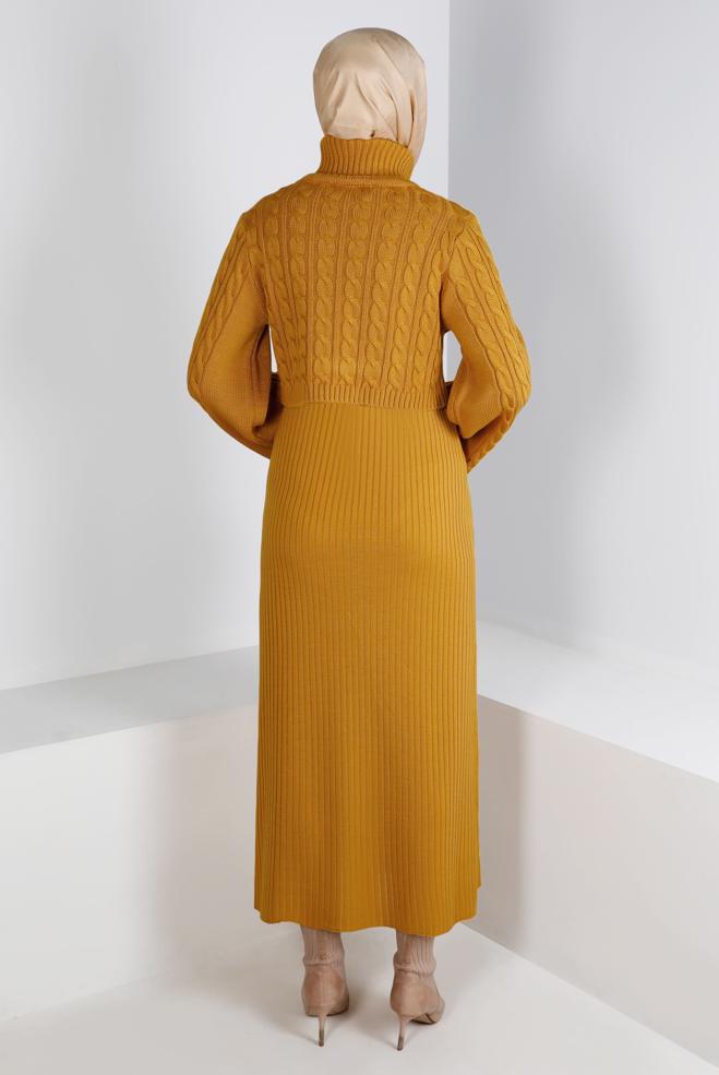 Hijab clothing YELLOW CABLE KNIT DETAIL KNITWEAR 2-PIECE DRESS 43205 - ALVİNA
