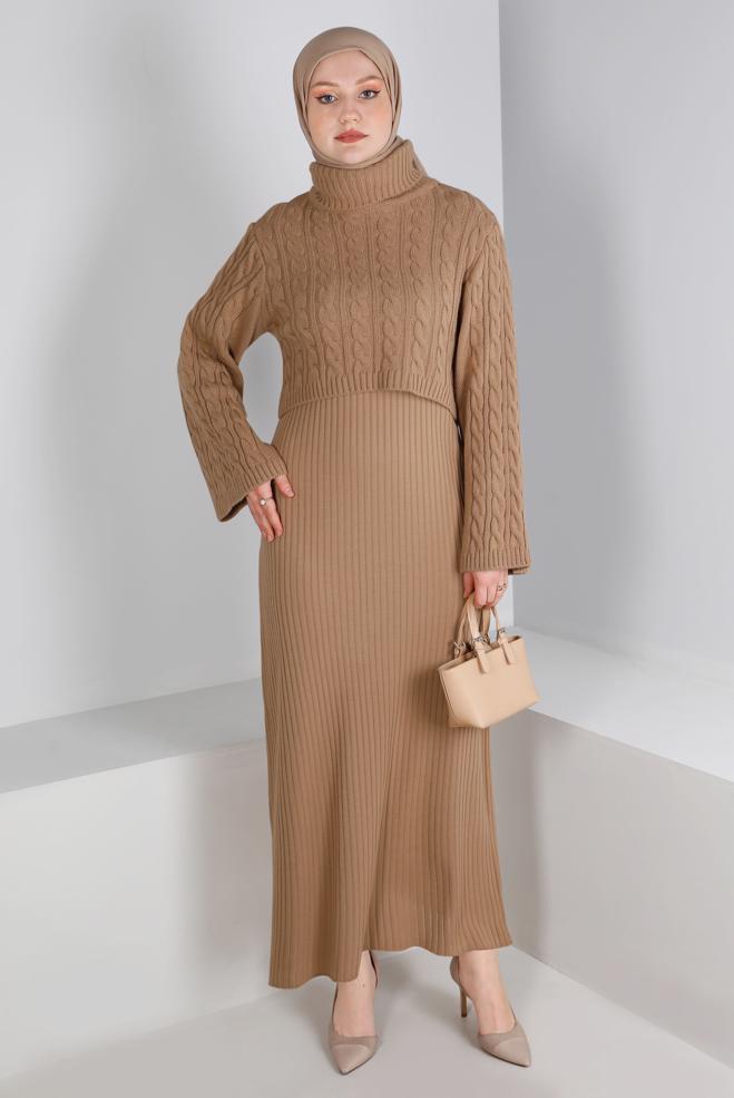 Tesettür giyim  ÖRGÜ DETAYLI TRİKO İKİLİ ELBİSE 43205 - ALVİNA