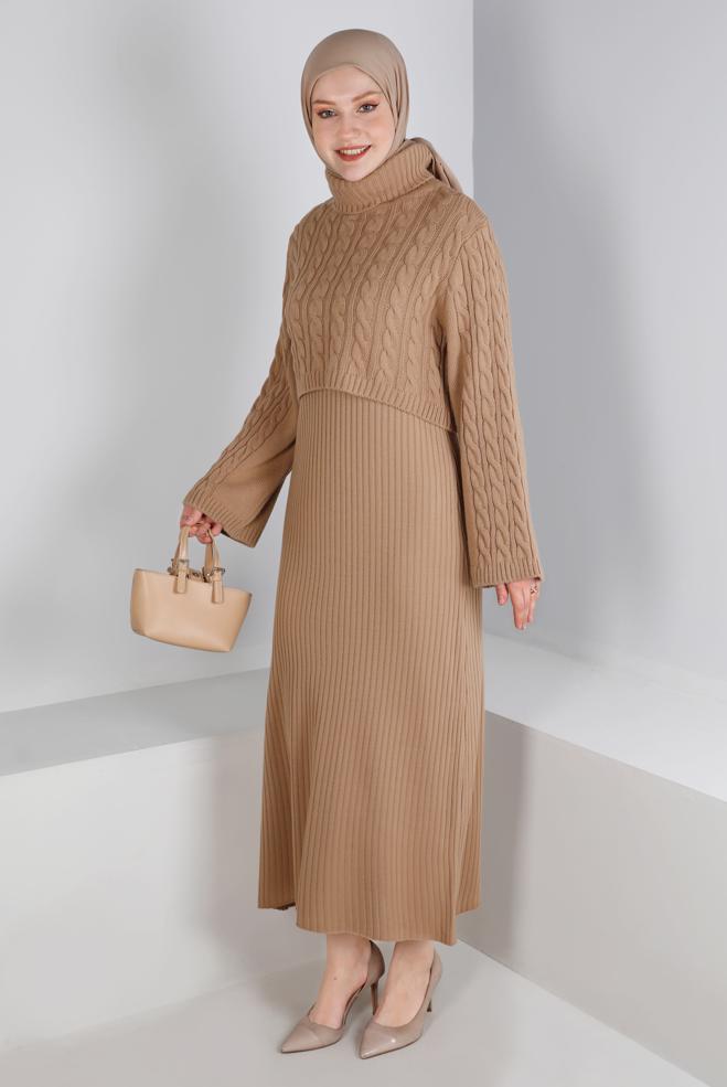 Hijab clothing BROWN CABLE KNIT DETAIL KNITWEAR 2-PIECE DRESS 43205 - ALVİNA