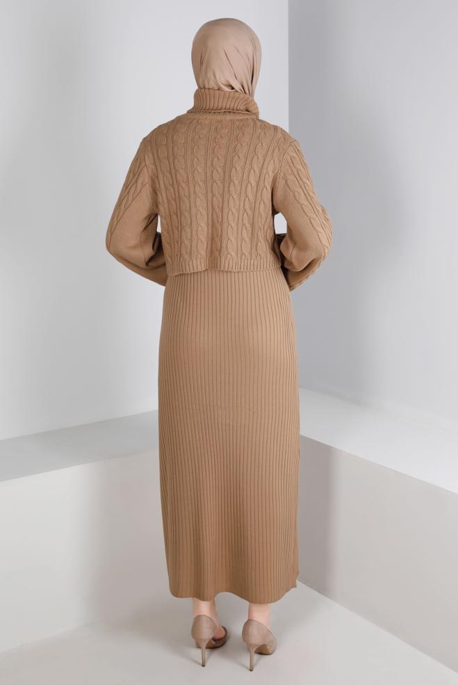 Hijab clothing BROWN CABLE KNIT DETAIL KNITWEAR 2-PIECE DRESS 43205 - ALVİNA