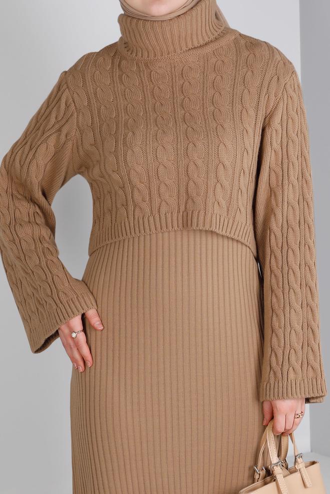 Hijab clothing BROWN CABLE KNIT DETAIL KNITWEAR 2-PIECE DRESS 43205 - ALVİNA