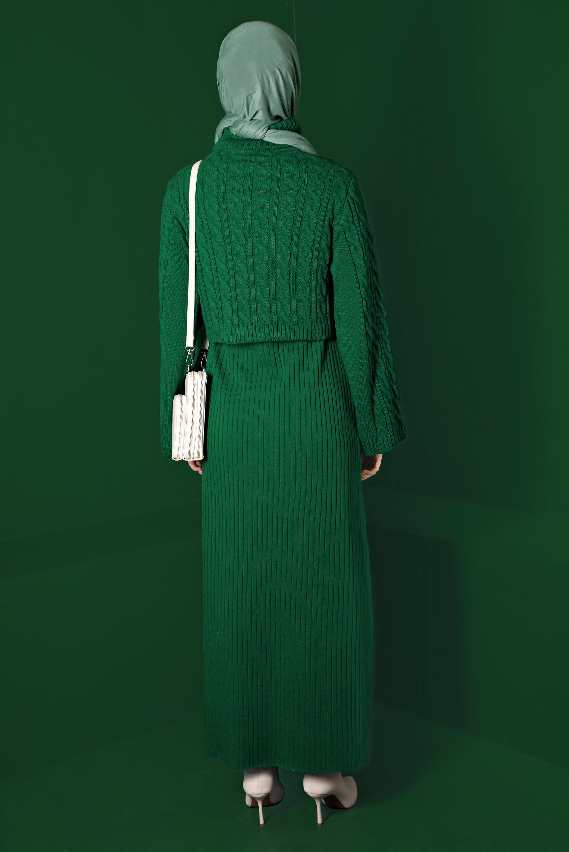 Vêtements hijab VERT ROBE 2 PIÈCES EN MAILLE À DÉTAILS TORSADÉS 43205
