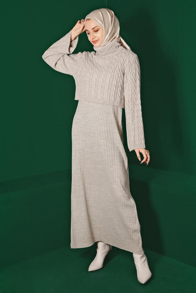 Hijab clothing BEIGE CABLE KNIT DETAIL KNITWEAR 2-PIECE DRESS 43205 - ALVİNA
