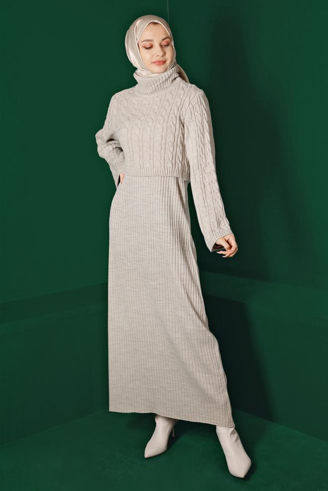 Hijab clothing BEIGE CABLE KNIT DETAIL KNITWEAR 2-PIECE DRESS 43205 - ALVİNA