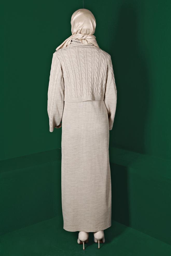 Hijab clothing BEIGE CABLE KNIT DETAIL KNITWEAR 2-PIECE DRESS 43205 - ALVİNA