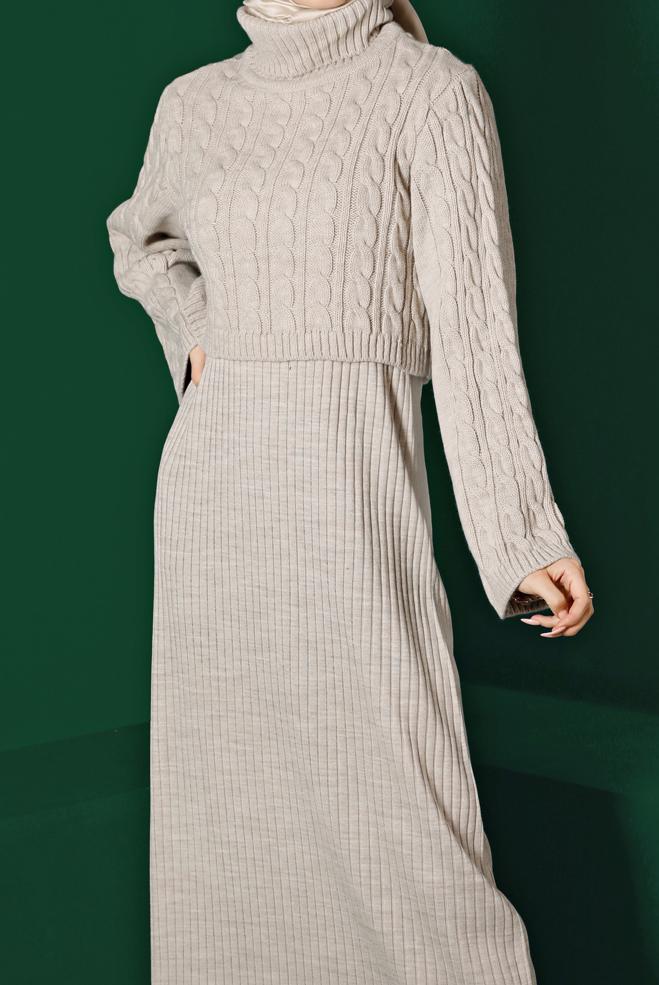 Hijab clothing BEIGE CABLE KNIT DETAIL KNITWEAR 2-PIECE DRESS 43205 - ALVİNA