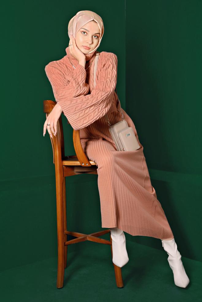 Hijab clothing POWDER CABLE KNIT DETAIL KNITWEAR 2-PIECE DRESS 43205 - ALVİNA