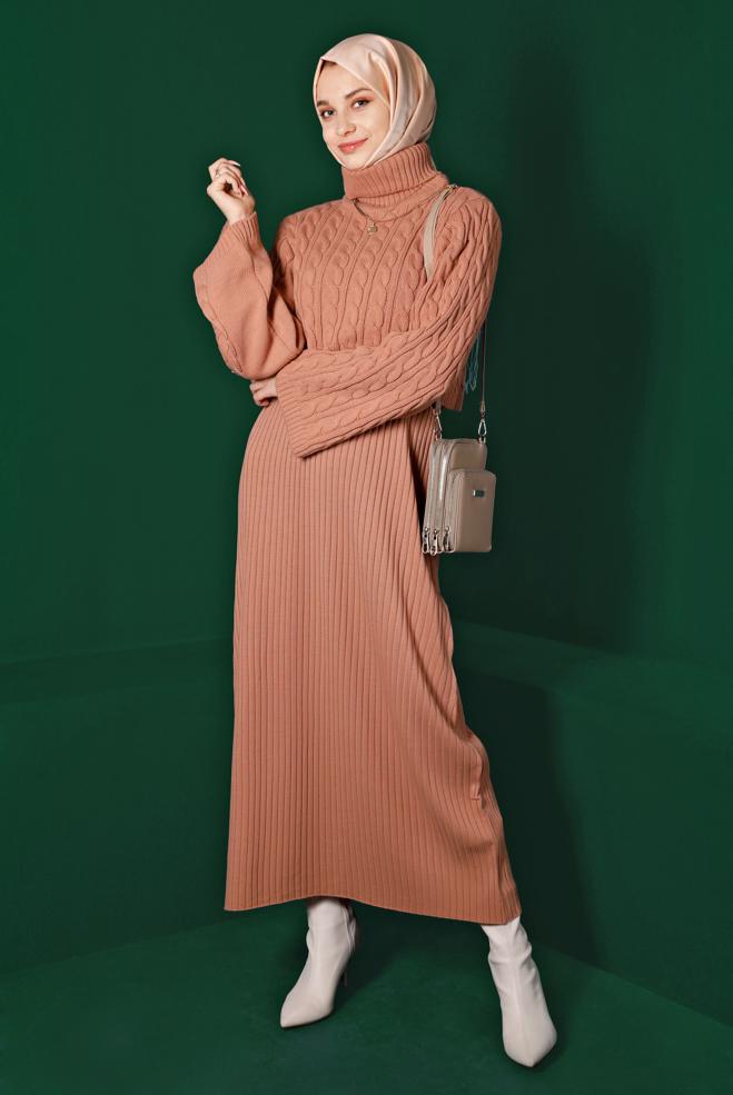 Hijab clothing POWDER CABLE KNIT DETAIL KNITWEAR 2-PIECE DRESS 43205 - ALVİNA
