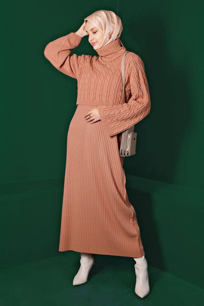 Hijab clothing POWDER CABLE KNIT DETAIL KNITWEAR 2-PIECE DRESS 43205 - ALVİNA