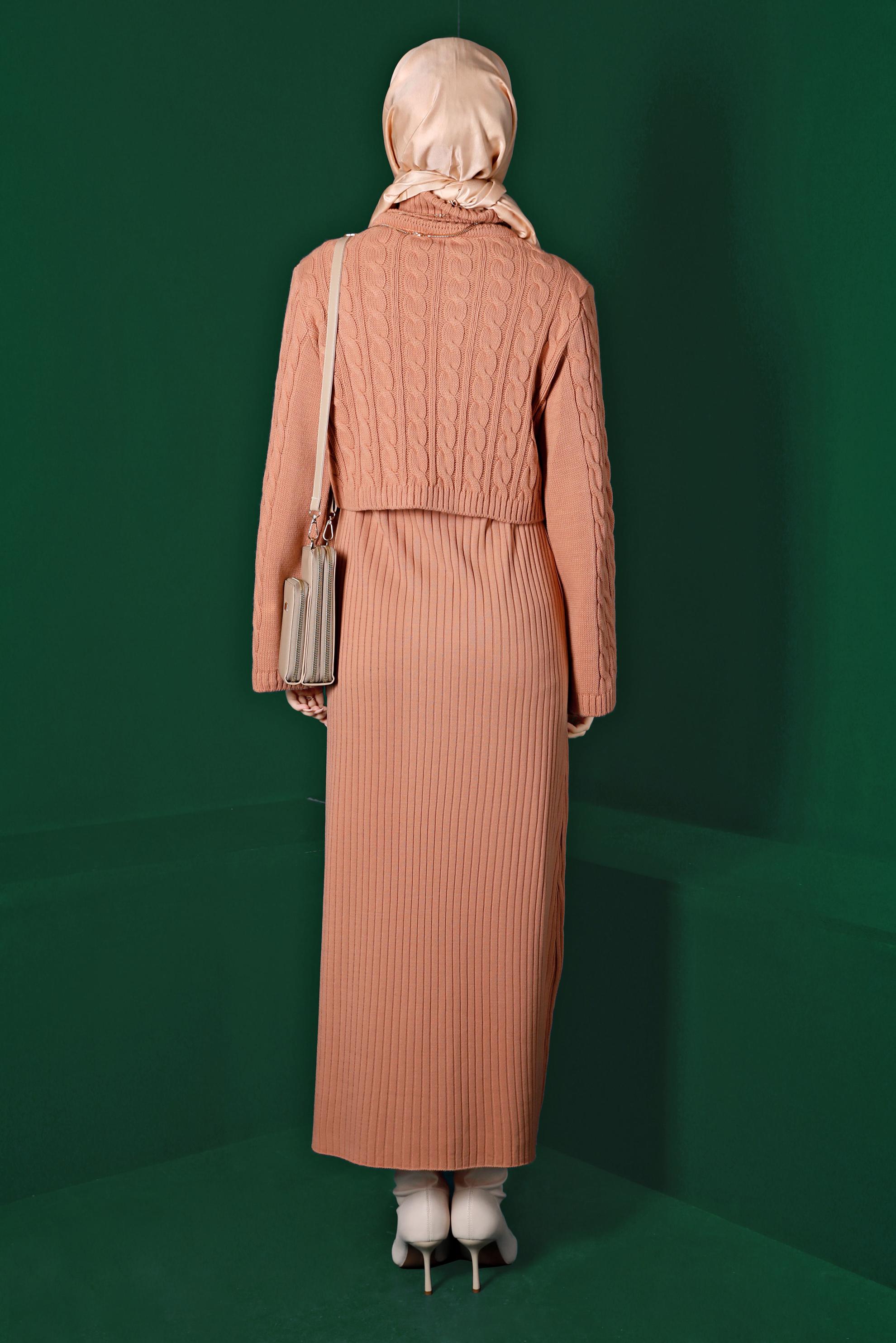 Tesettür giyim PUDRA ÖRGÜ DETAYLI TRİKO İKİLİ ELBİSE 43205