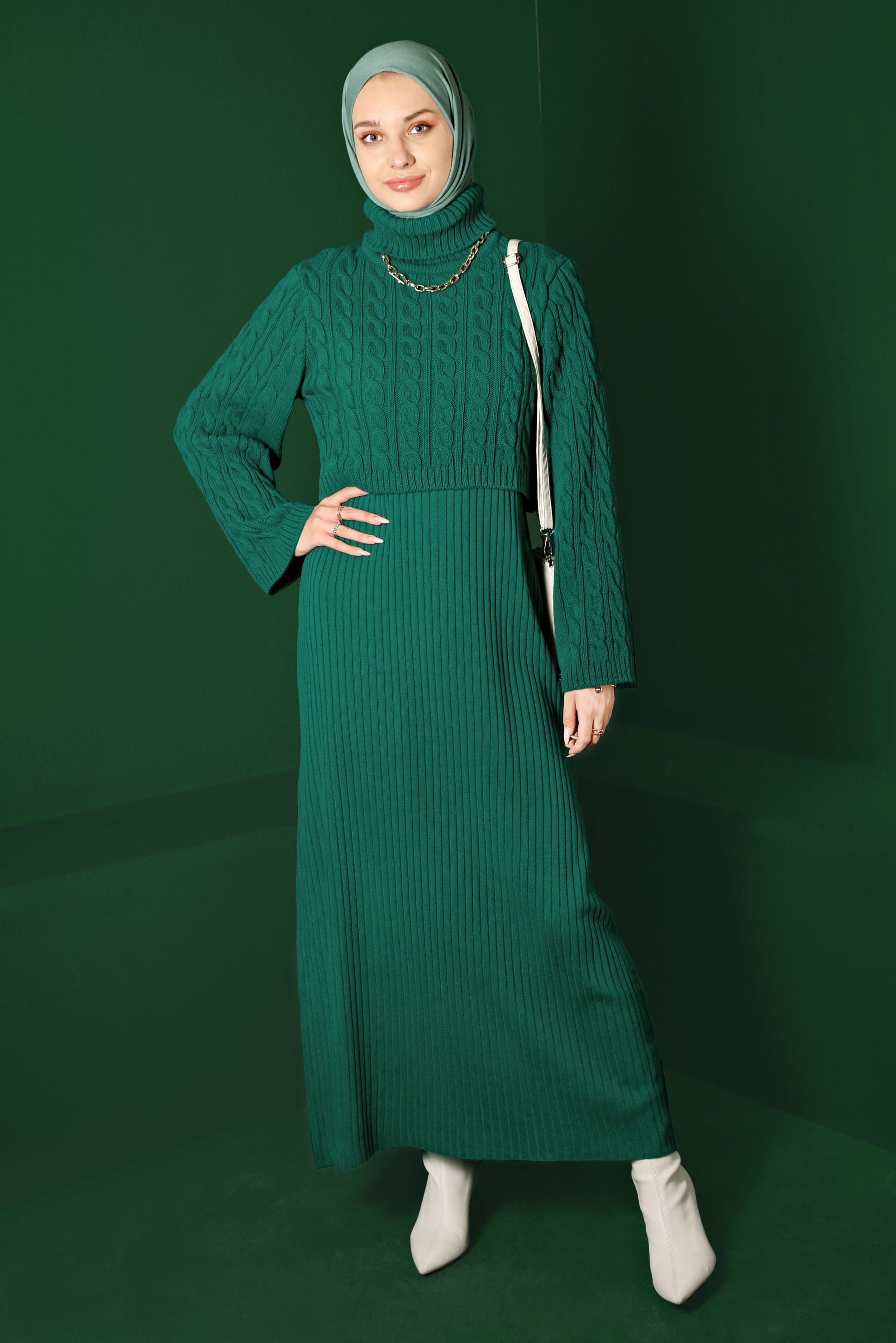 Tesettür giyim YEŞİL ÖRGÜ DETAYLI TRİKO İKİLİ ELBİSE 43205