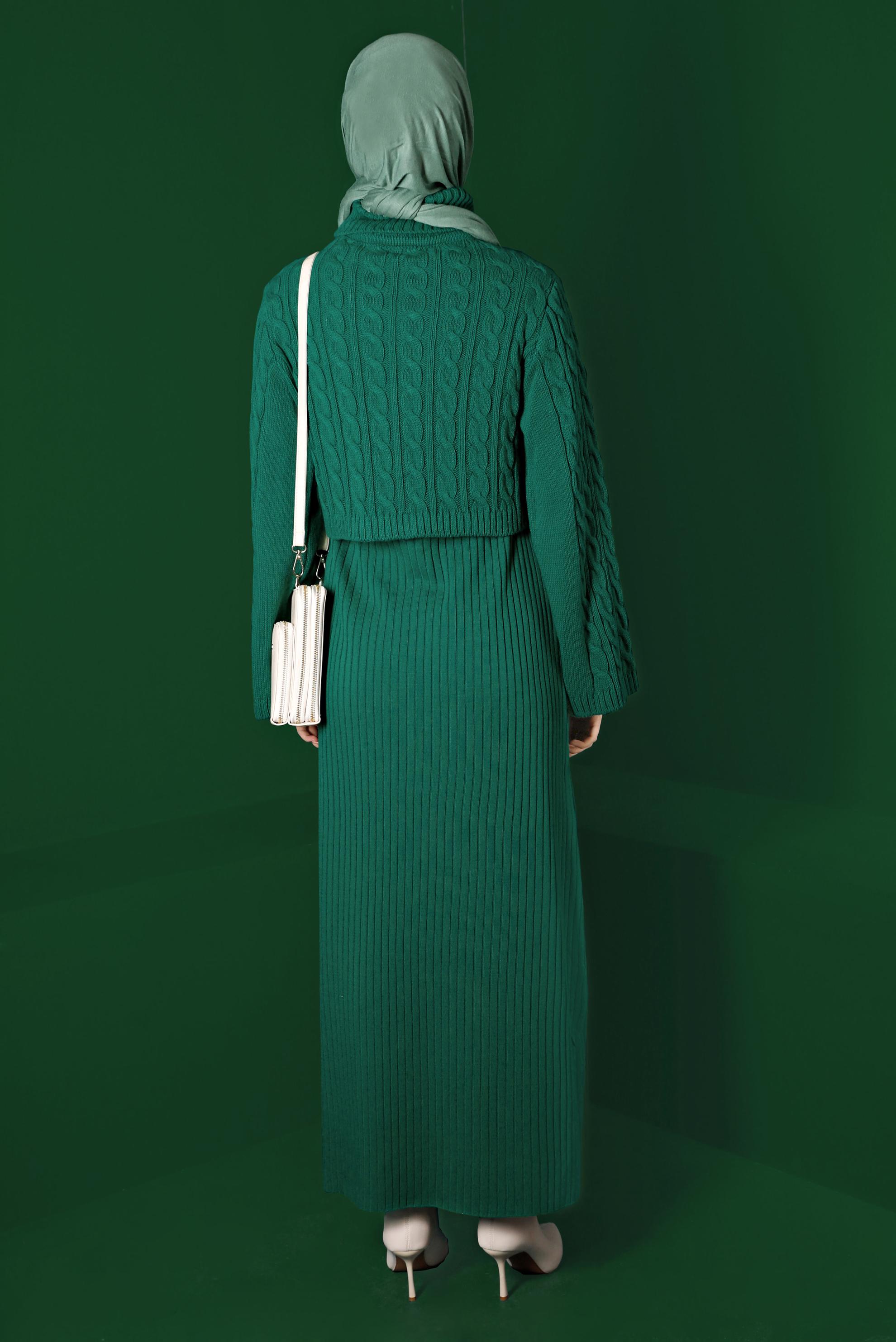 Tesettür giyim YEŞİL ÖRGÜ DETAYLI TRİKO İKİLİ ELBİSE 43205