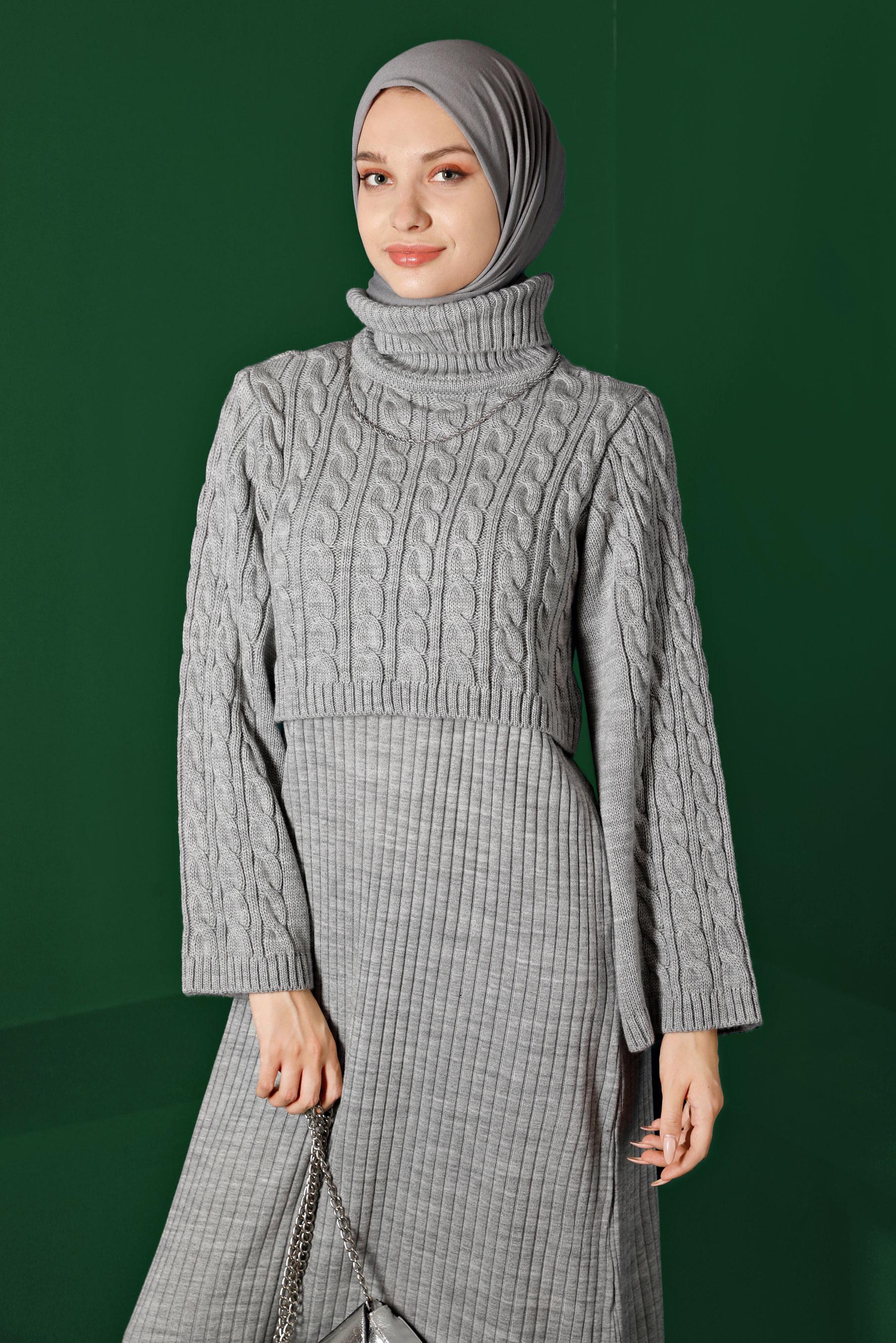 Tesettür giyim GRİ ÖRGÜ DETAYLI TRİKO İKİLİ ELBİSE 43205