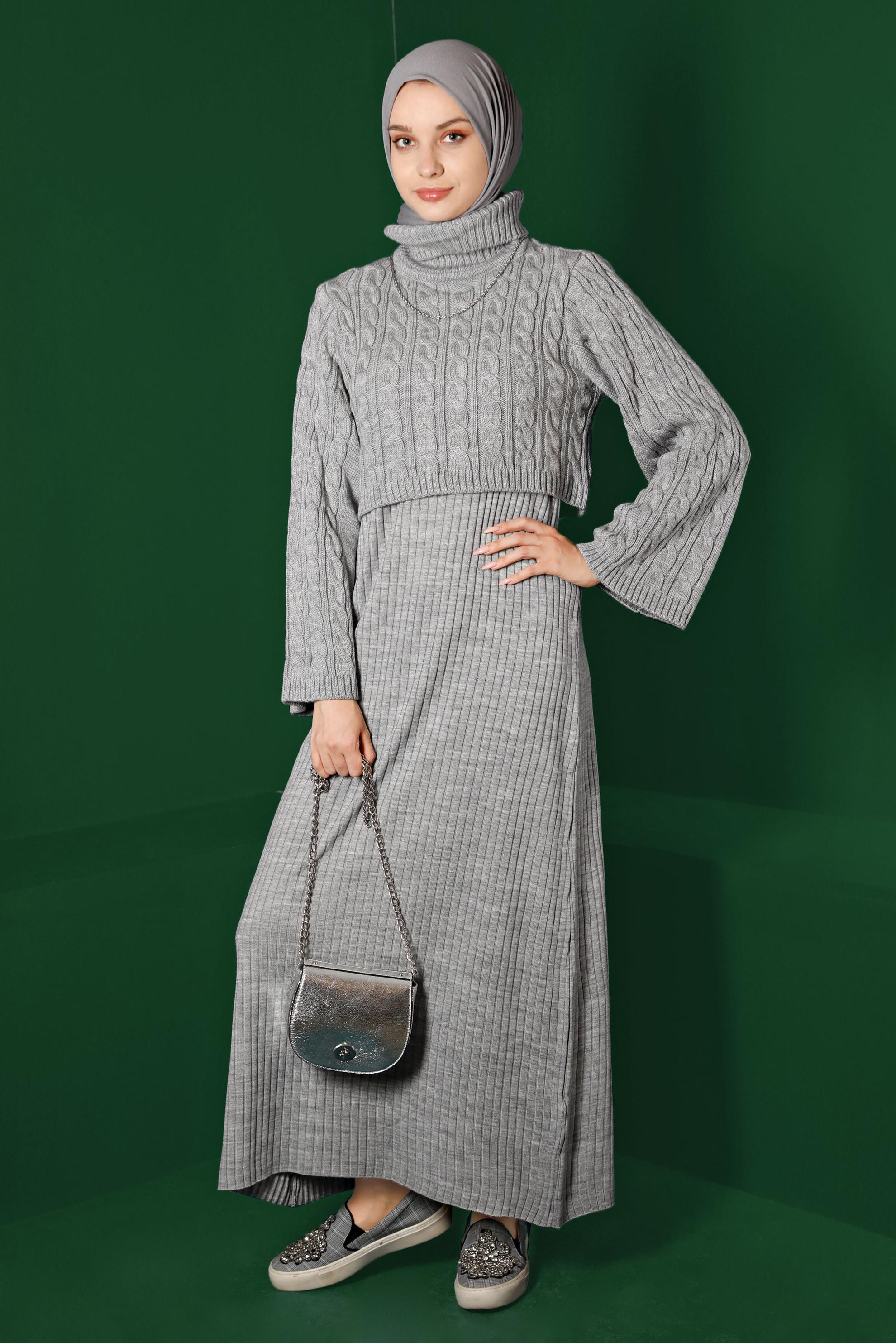 Tesettür giyim GRİ ÖRGÜ DETAYLI TRİKO İKİLİ ELBİSE 43205