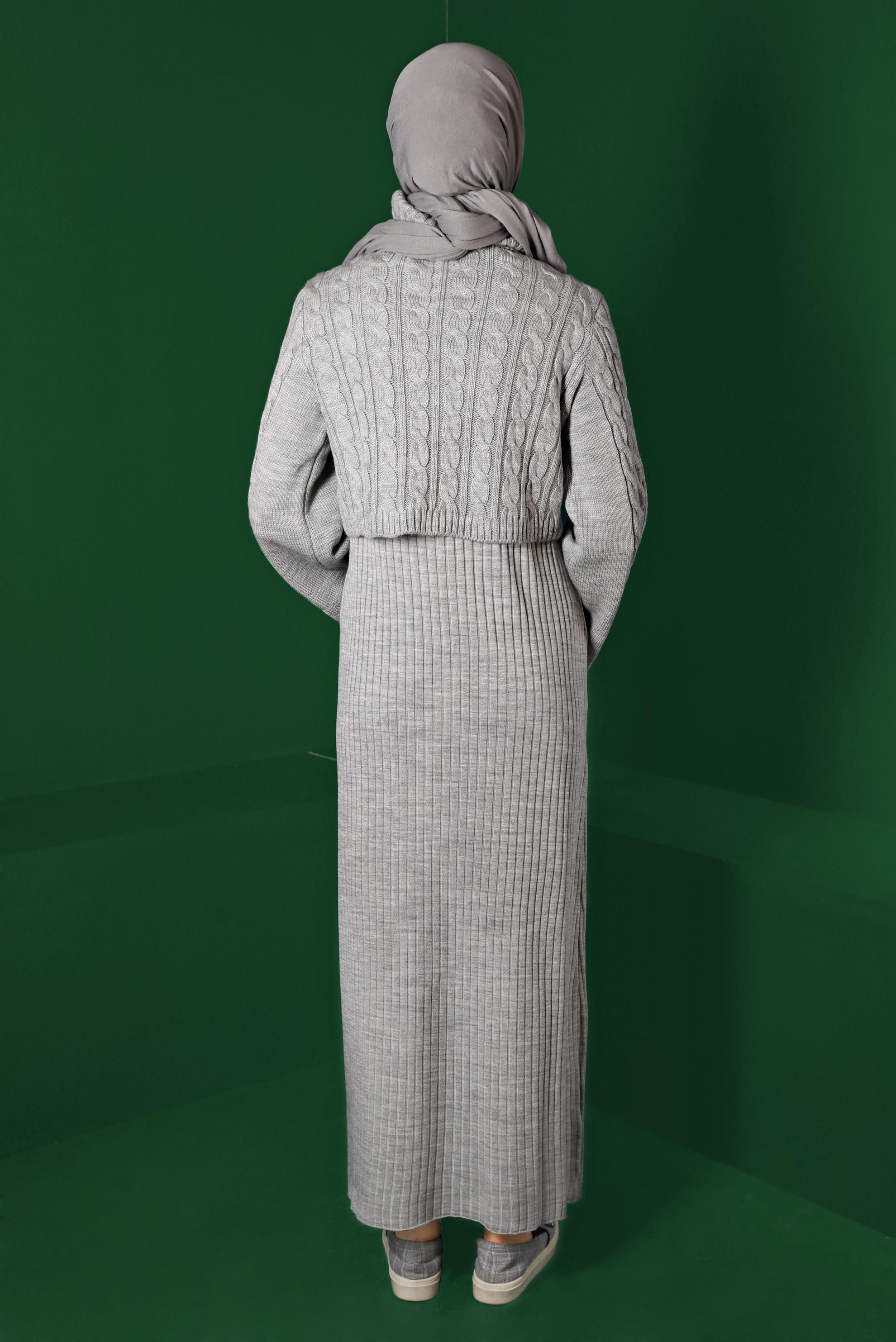 Tesettür giyim GRİ ÖRGÜ DETAYLI TRİKO İKİLİ ELBİSE 43205