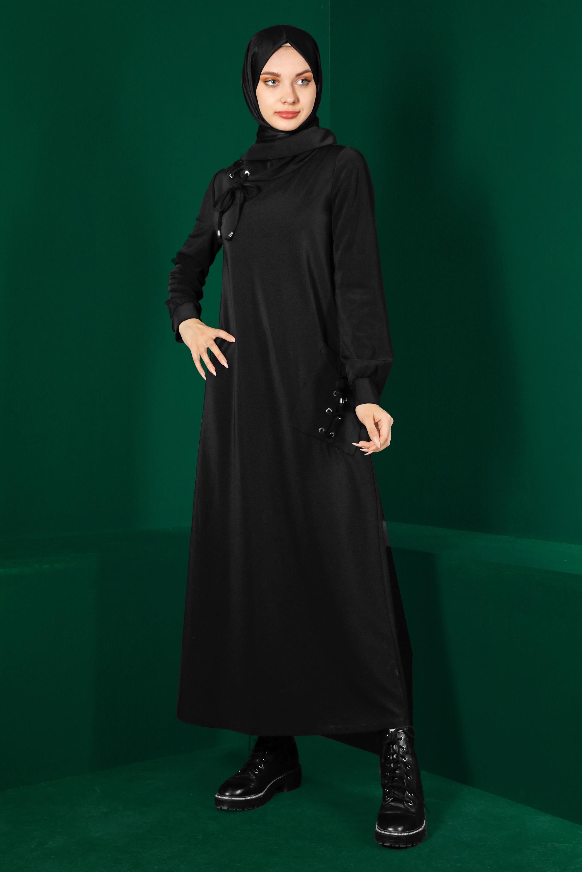 Tesettür giyim SİYAH KUŞGÖZÜ DETAYLI CEPLİ ELBİSE 43255