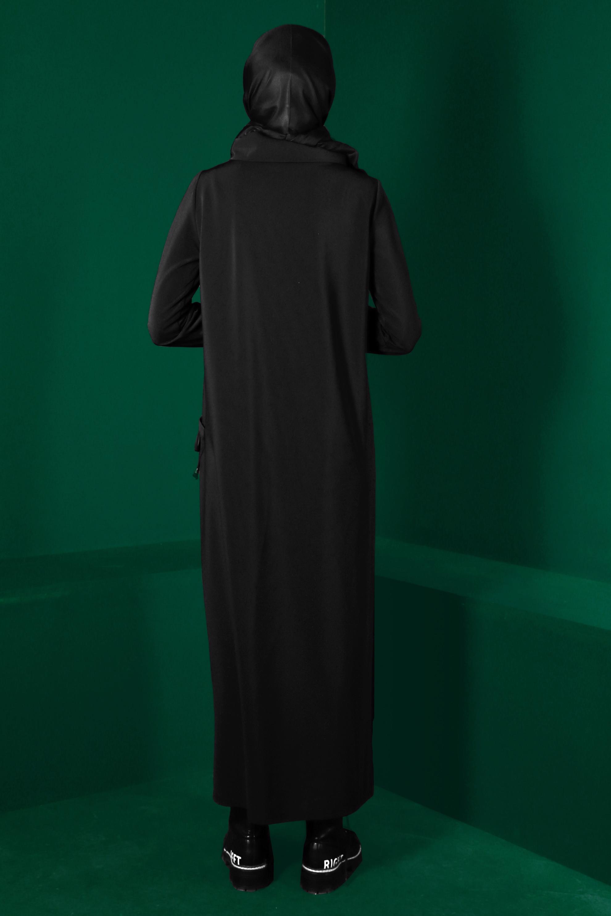 Tesettür giyim SİYAH KUŞGÖZÜ DETAYLI CEPLİ ELBİSE 43255