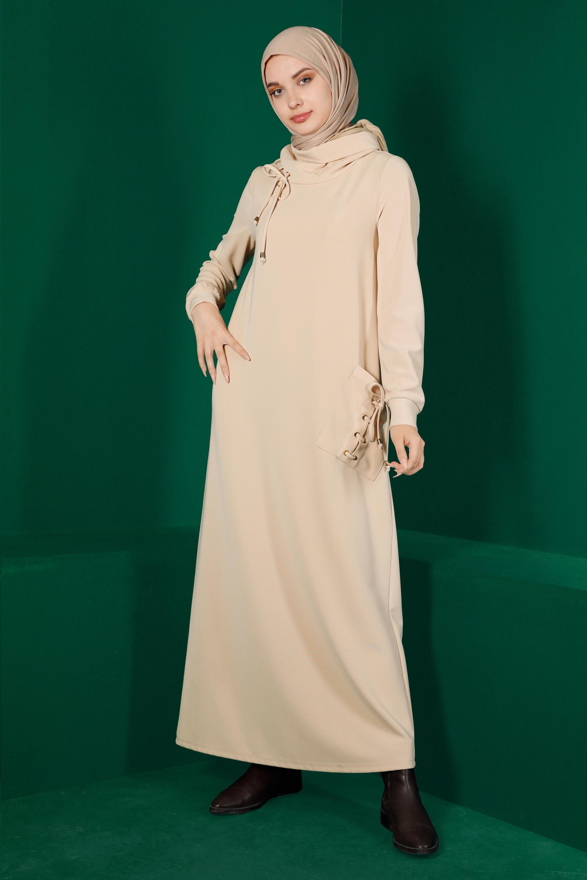 Tesettür giyim BEJ KUŞGÖZÜ DETAYLI CEPLİ ELBİSE 43255