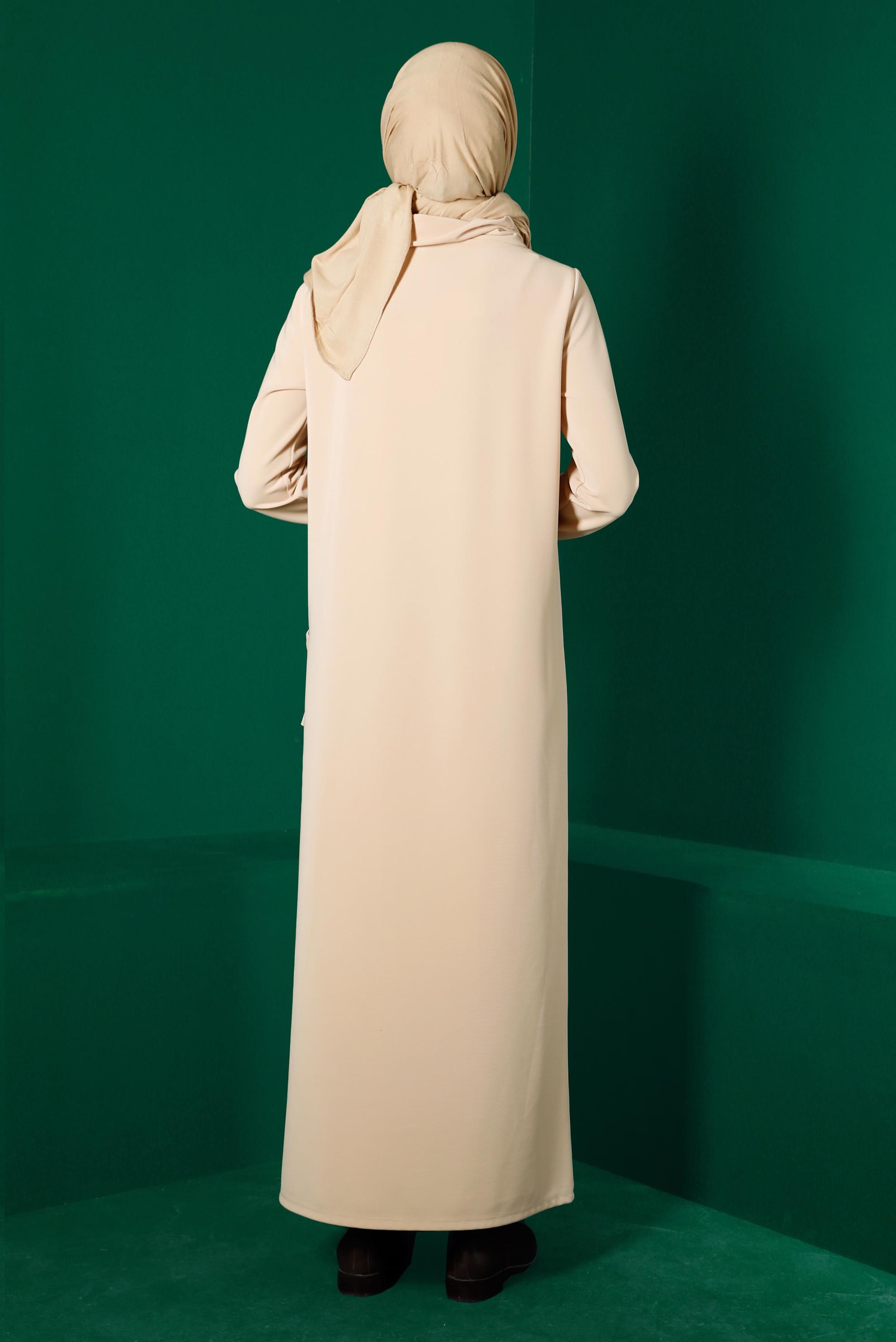 Tesettür giyim BEJ KUŞGÖZÜ DETAYLI CEPLİ ELBİSE 43255