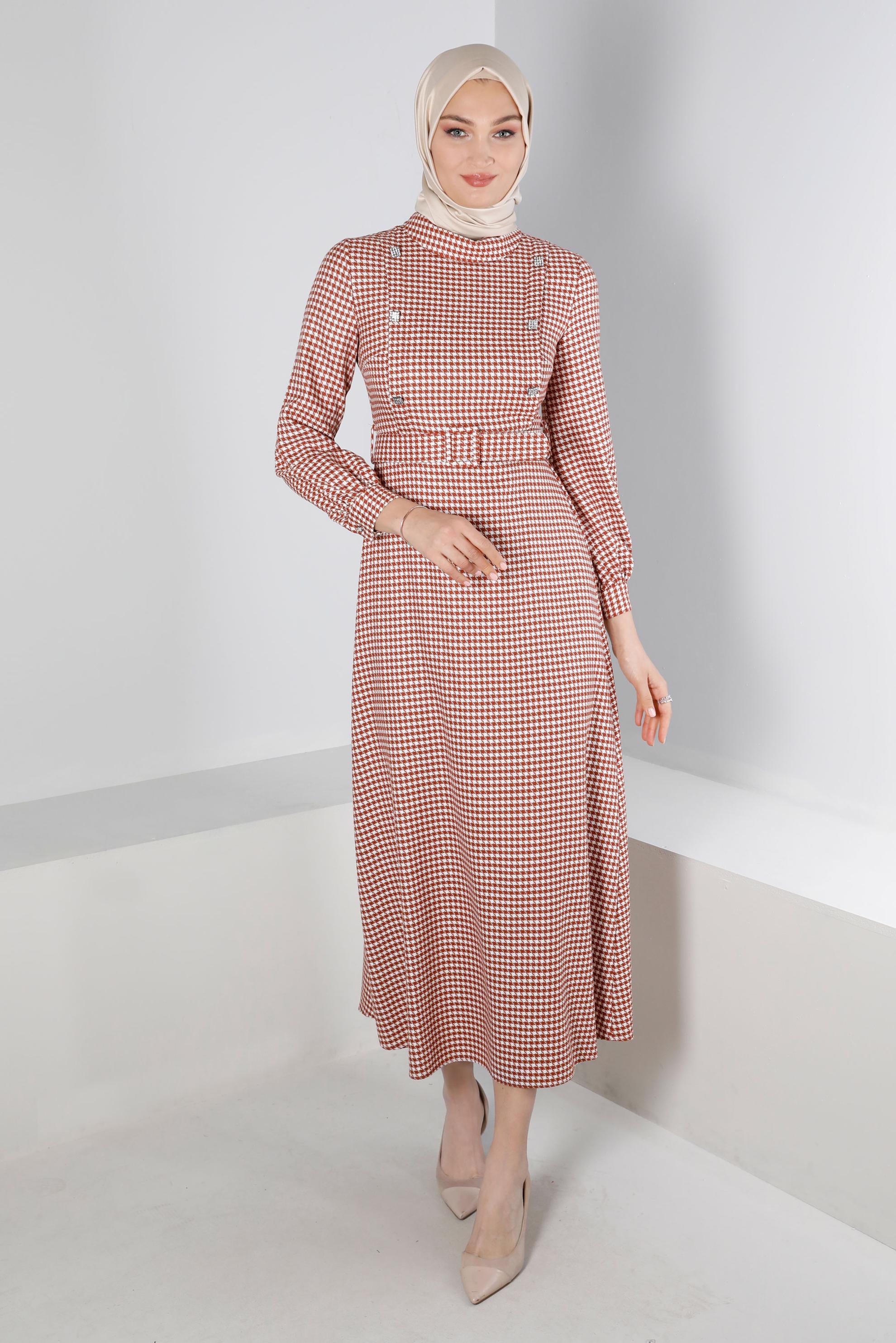 Tesettür giyim TURUNCU KAZAYAĞI DESENLİ TAŞLI ELBİSE 43292 