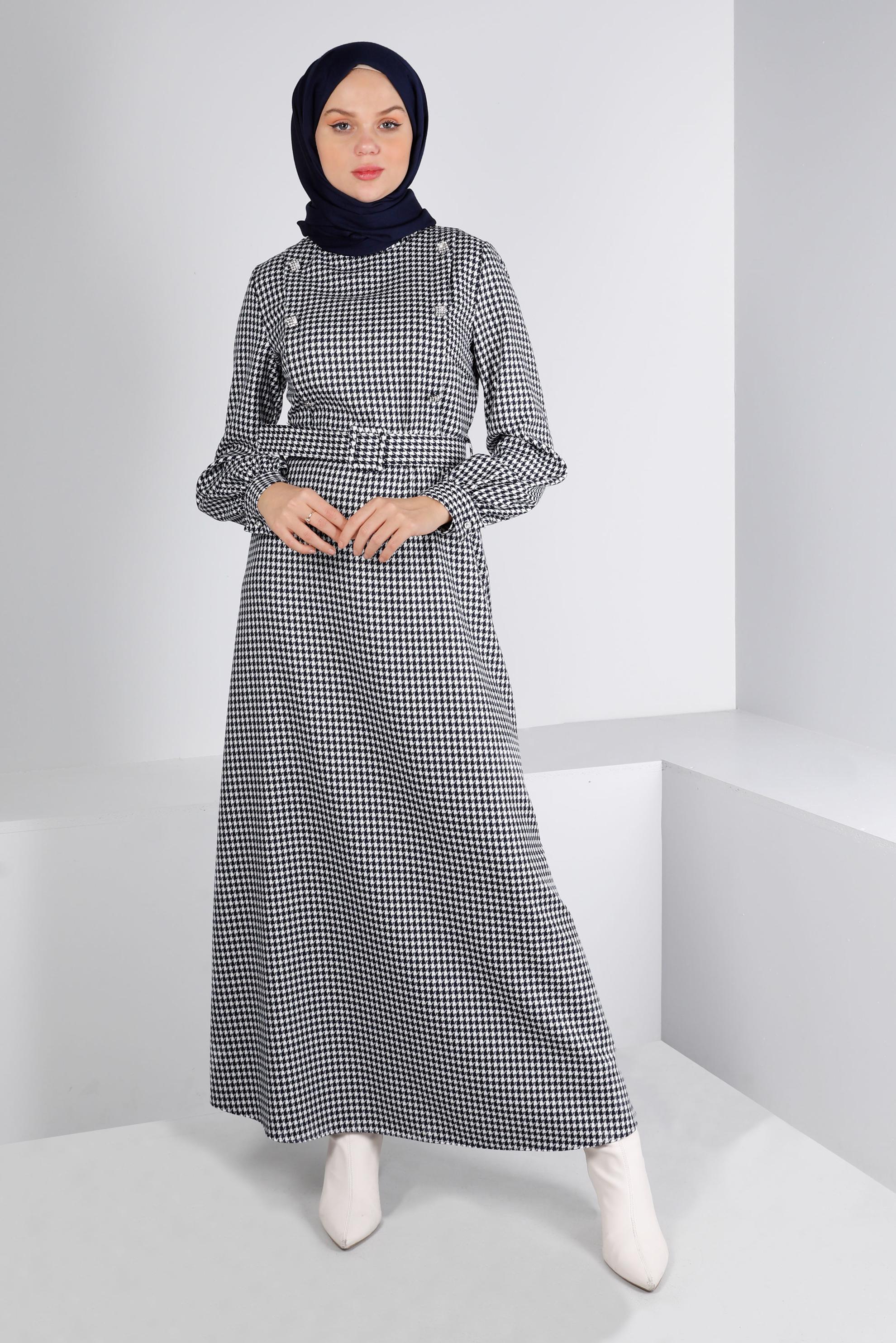 Tesettür giyim LACİVERT KAZAYAĞI DESENLİ TAŞLI ELBİSE 43292 