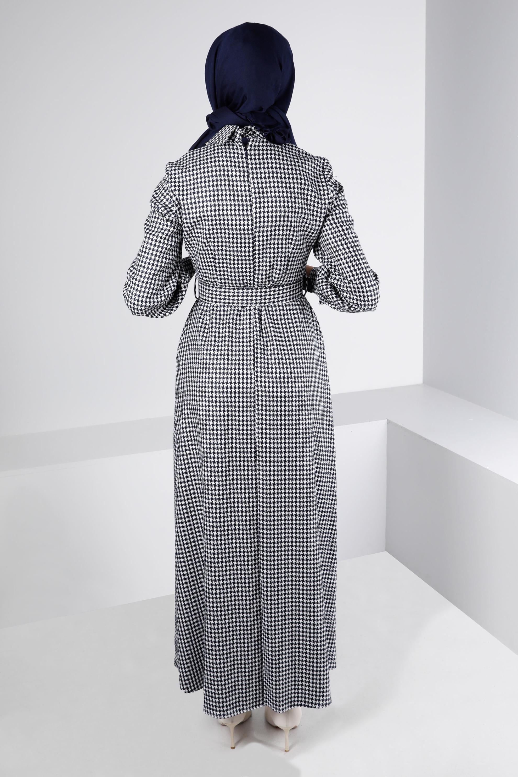 Tesettür giyim LACİVERT KAZAYAĞI DESENLİ TAŞLI ELBİSE 43292 