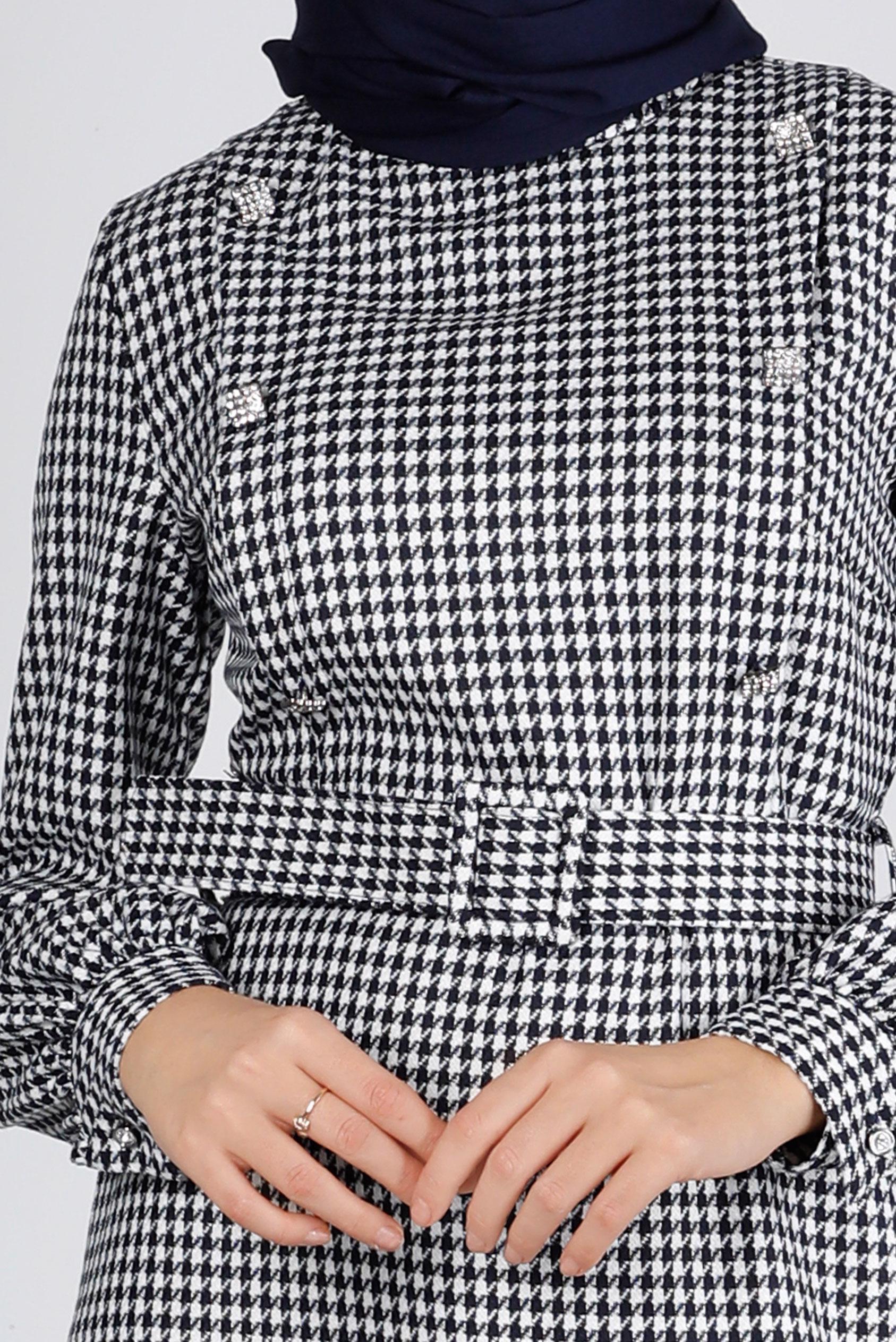 Tesettür giyim LACİVERT KAZAYAĞI DESENLİ TAŞLI ELBİSE 43292 