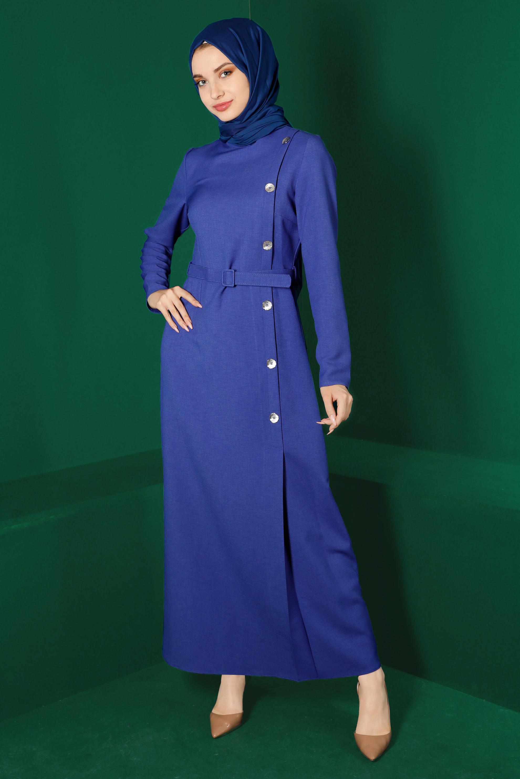 Tesettür giyim LACİVERT DÜĞME DETAYLI KEMERLİ ELBİSE 43294 