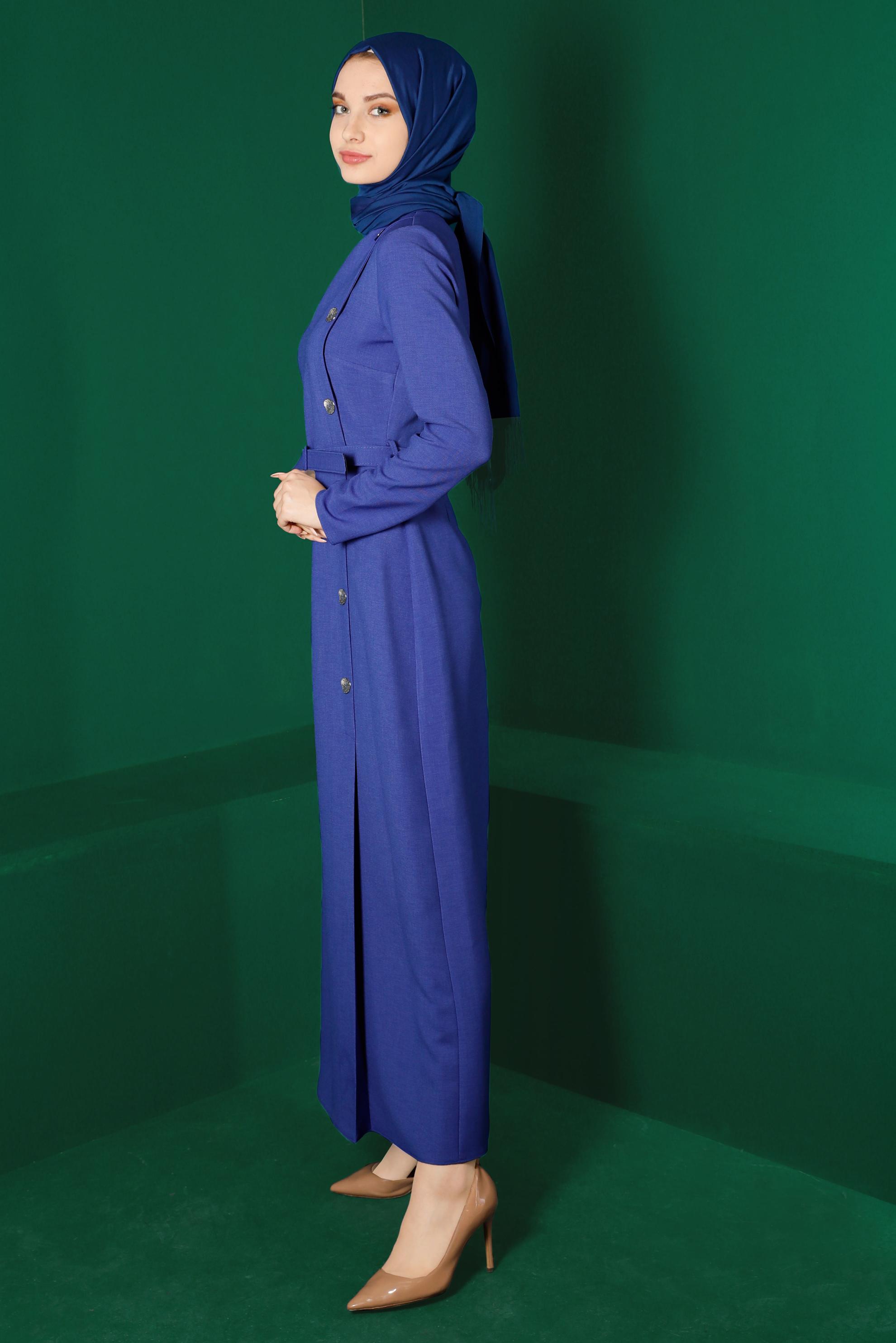 Tesettür giyim LACİVERT DÜĞME DETAYLI KEMERLİ ELBİSE 43294 