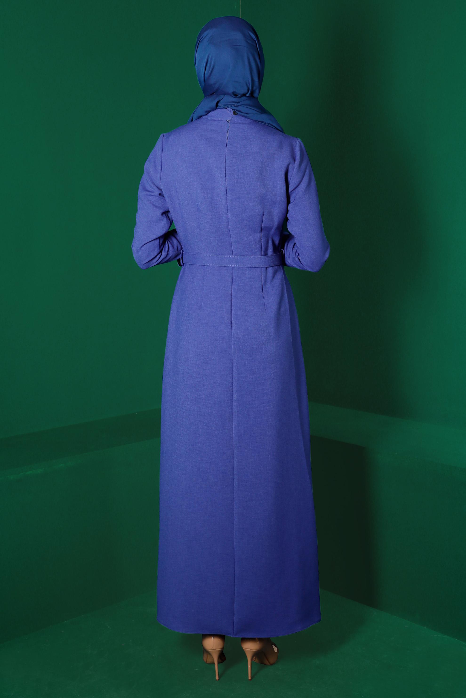 Tesettür giyim LACİVERT DÜĞME DETAYLI KEMERLİ ELBİSE 43294 