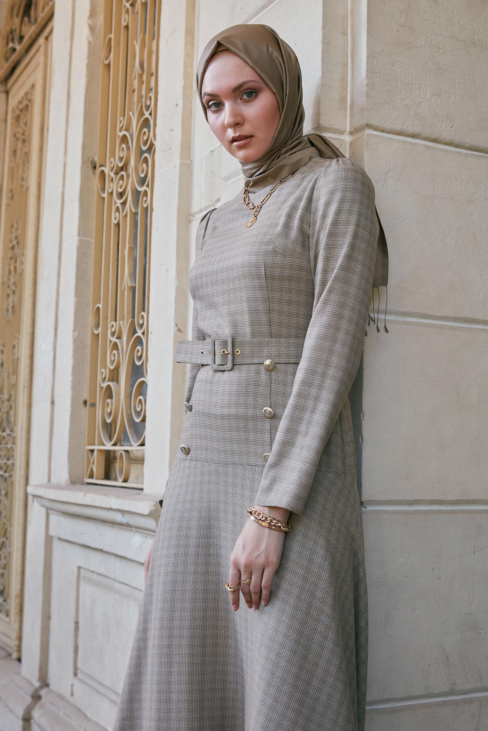 Tesettür giyim VİZON KEMERLİ EKOSE ELBİSE 43302 