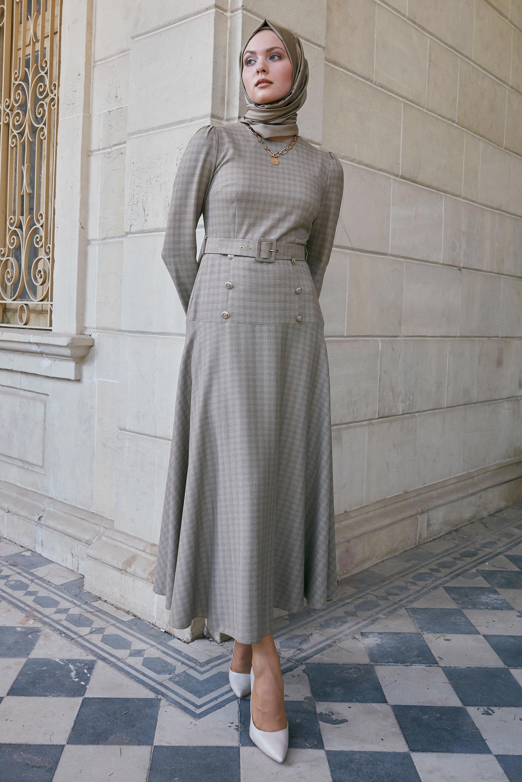 Tesettür giyim VİZON KEMERLİ EKOSE ELBİSE 43302 