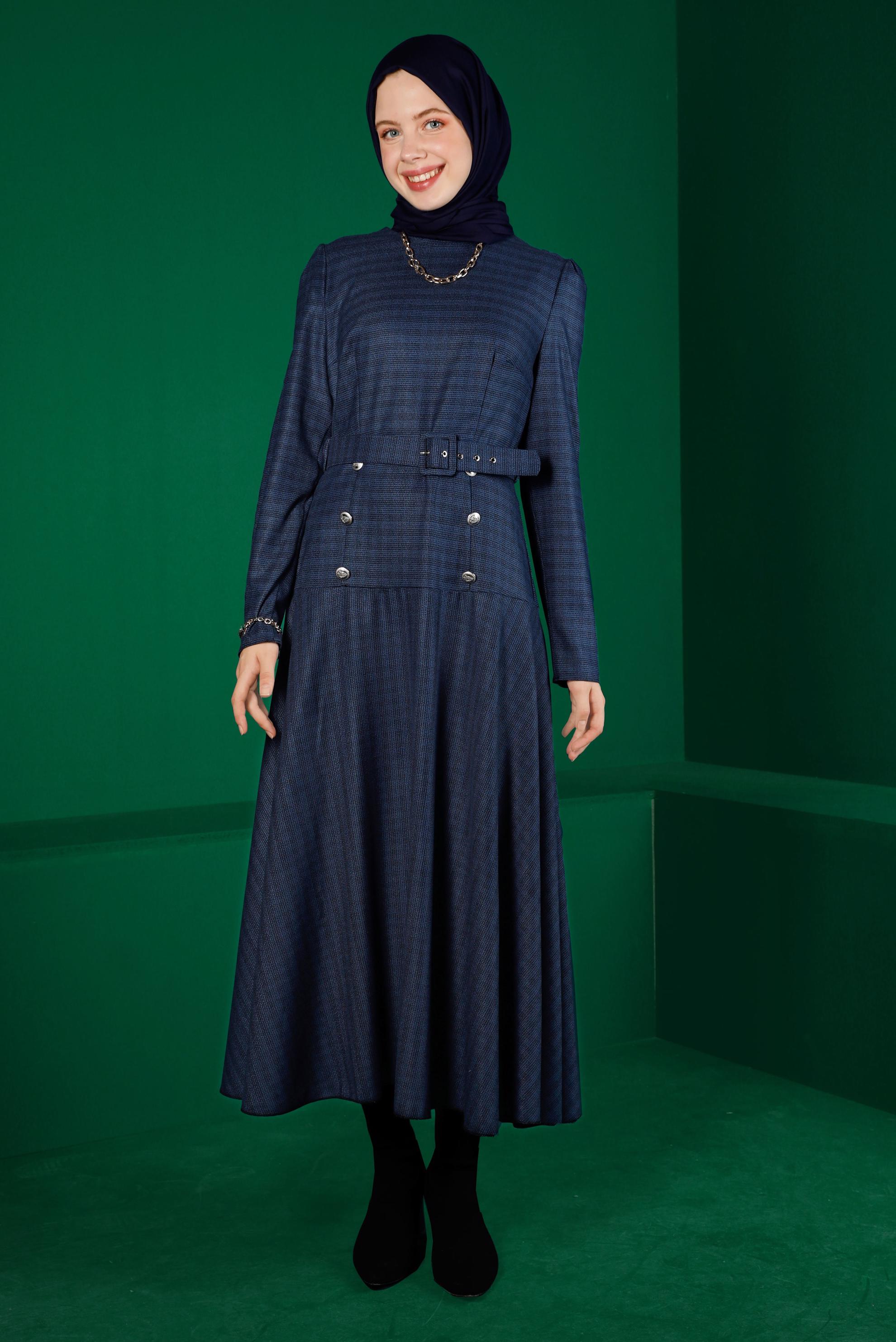 Tesettür giyim LACİVERT KEMERLİ EKOSE ELBİSE 43302 