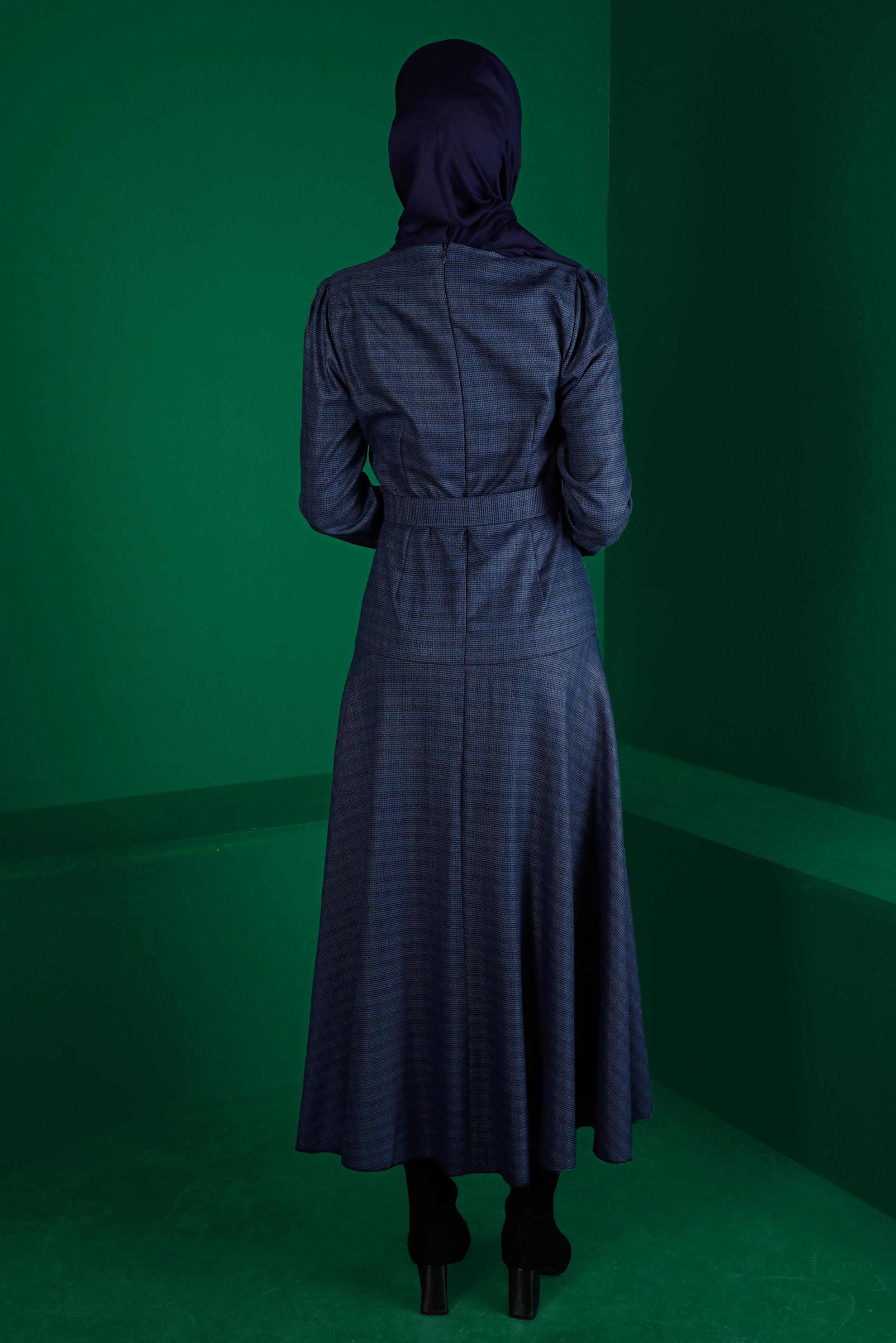 Tesettür giyim LACİVERT KEMERLİ EKOSE ELBİSE 43302 