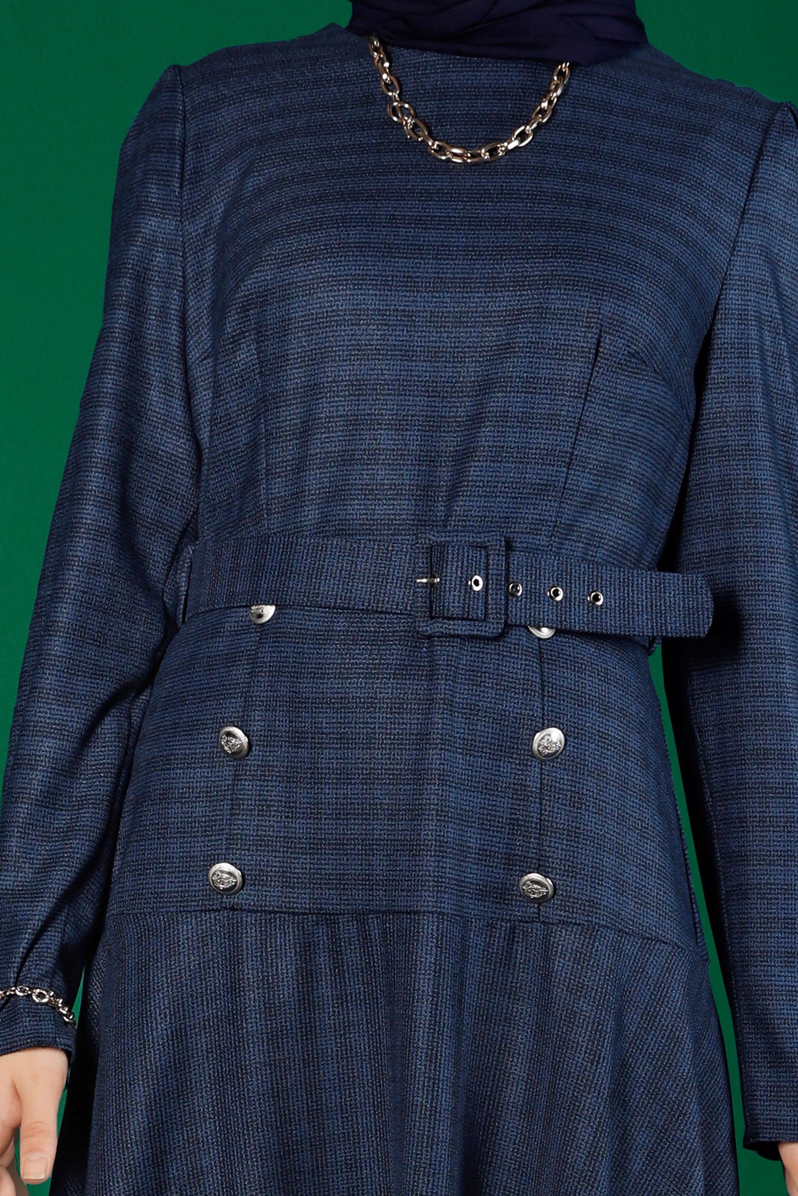 Tesettür giyim LACİVERT KEMERLİ EKOSE ELBİSE 43302 